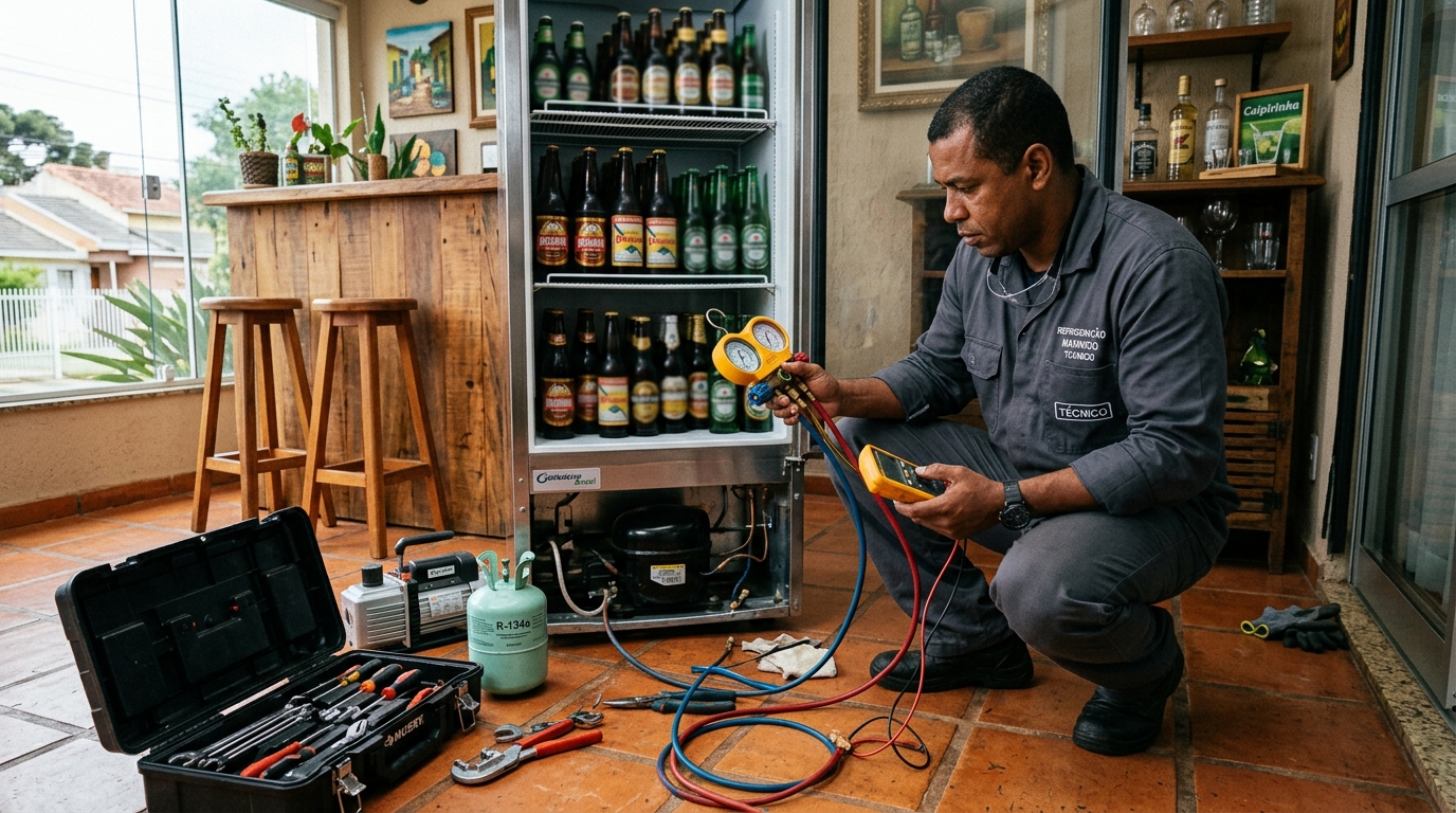 Profissional executando reparo no motor de cervejeira na Cidade Nova, São José do Rio Preto‑SP