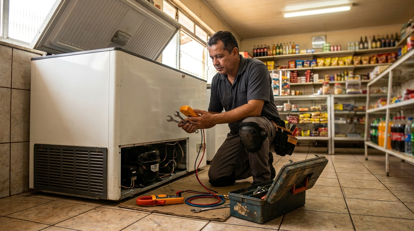 Profissional executando manutenção no motor de freezer na Cidade Nova, São José do Rio Preto‑SP