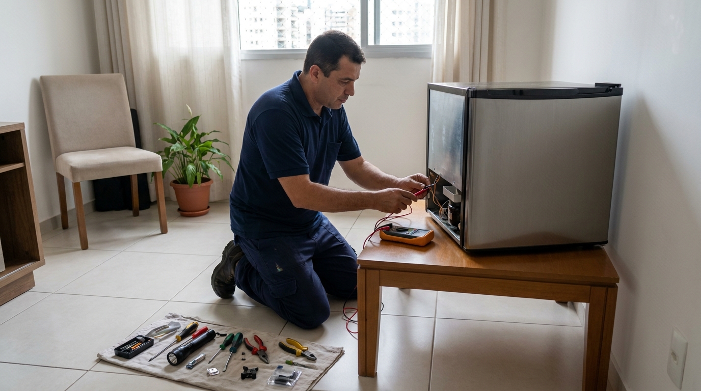 Técnico fazendo manutenção do motor de frigobar no Bom Jardim, São José do Rio Preto‑SP