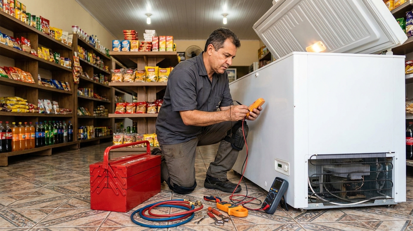 Recarga de gás refrigerante no freezer durante atendimento na Cidade Nova, São José do Rio Preto‑SP