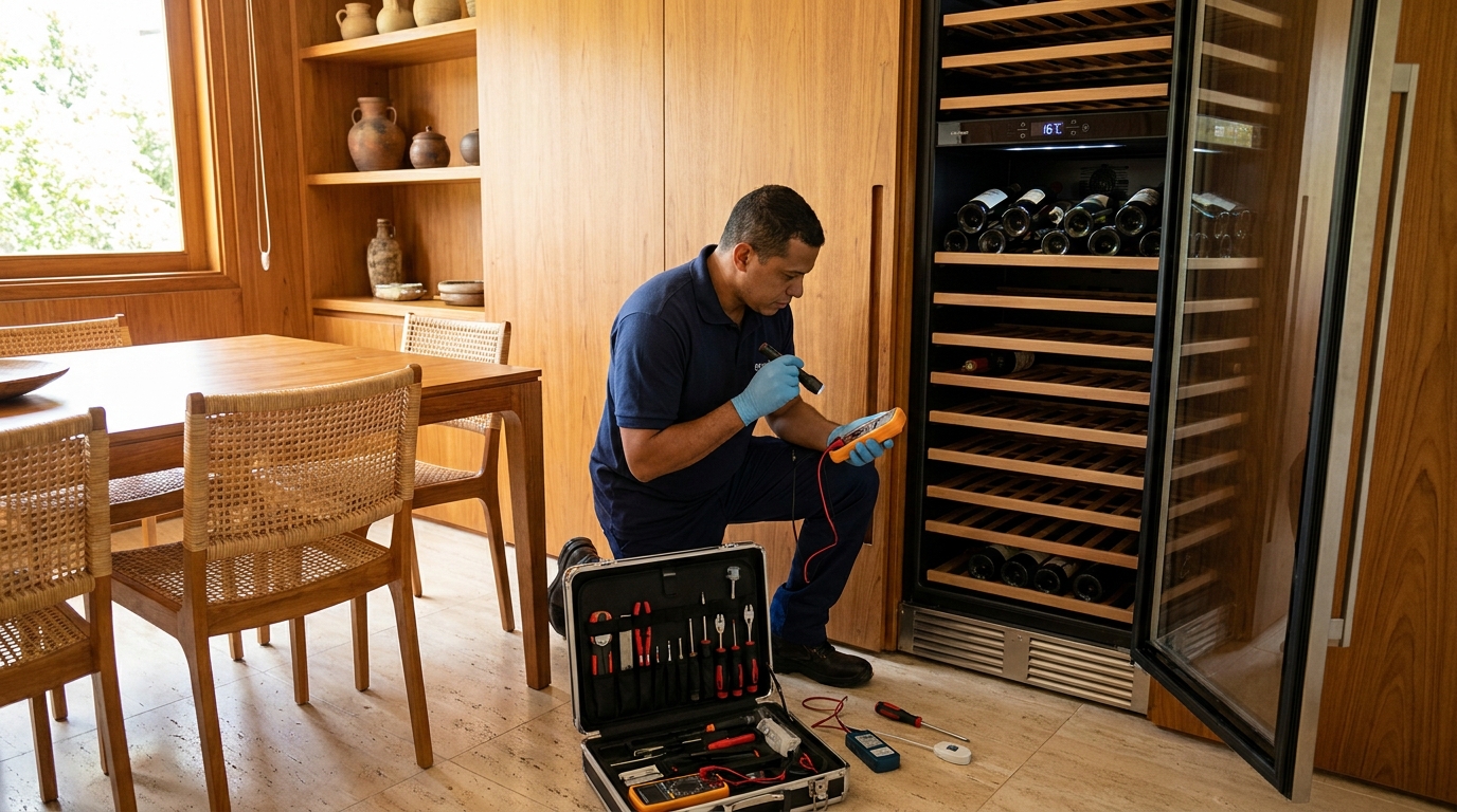 Substituição de termostato em adega climatizada em visita técnica na Vila Sinibaldi, São José do Rio Preto‑SP