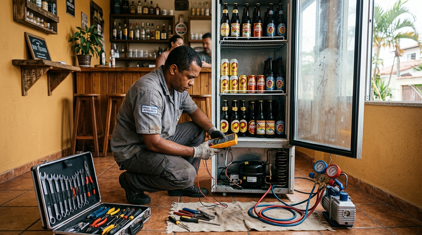 Substituição de termostato de cervejeira em serviço técnico na Cidade Nova, São José do Rio Preto‑SP
