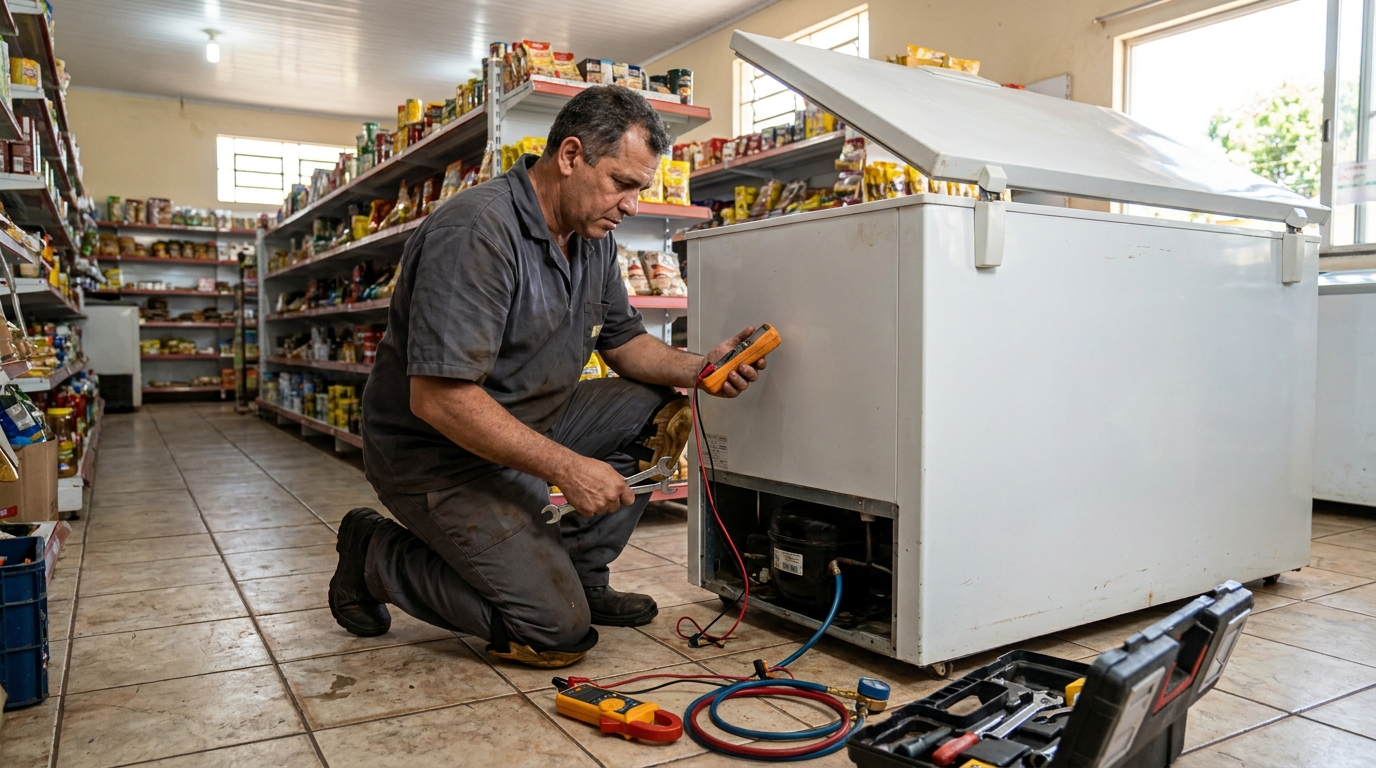 Substituição de termostato de freezer em visita técnica na Cidade Nova, São José do Rio Preto‑SP